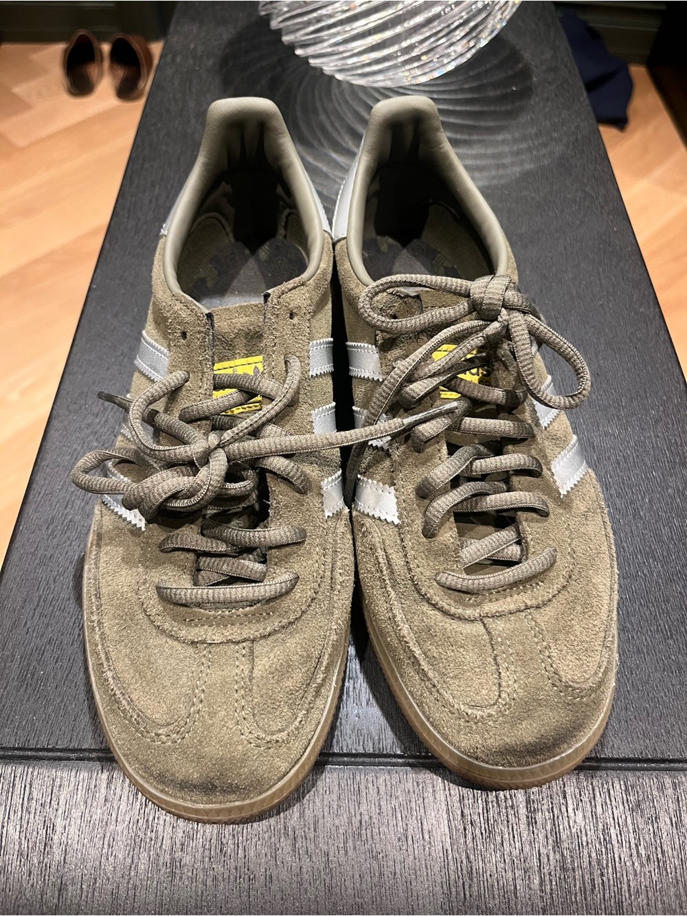 adidas Khaki Suede Sneakers with Metallic Stripes